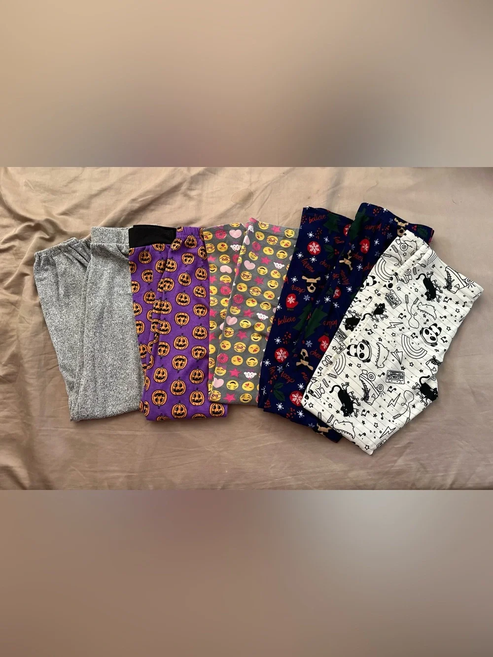 Pack of 5 Kids Fun Emoji, Reindeer, Pumpkin, & Cartoon Leggings / Pajama Pants